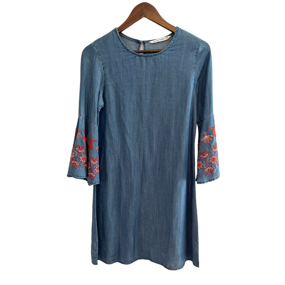 given‎ kale chambray dress with floral embroidered bell sleeves size XS